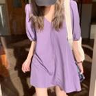 Plain V-neck Loose-fit Short-sleeve Dress Purple - One Size