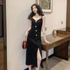 Sleeveless Side-slit Midi Dress Black - One Size