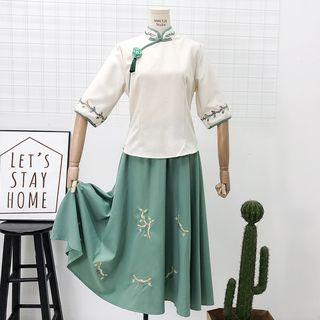 Set: Chinese-style Embroidered Qipao Top + A-line Skirt