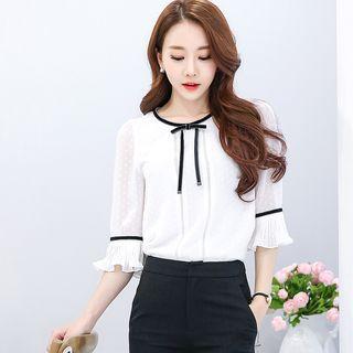 Contrast-trim Pleated-cuff Blouse