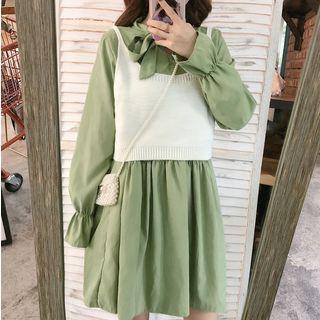 Knit Vest / Long-sleeve A-line Dress