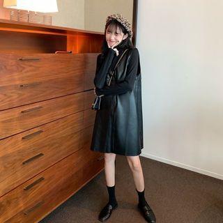 Mock-neck T-shirt / Faux Leather Mini A-line Overall Dress / Set