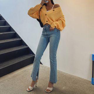 Diagonal-fly Slit-side Boot-cut Jeans