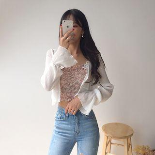 Set: Lace-trim Cardigan + Smocked Camisole Top