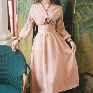 Long-sleeve Bow-front Midi A-line Dress
