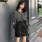 Long-sleeve Striped Shirt / Zip A-line Mini Skirt