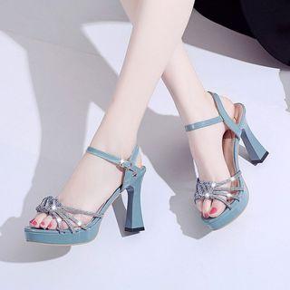 Platform Block Heel Rhinestone Bow Sandals