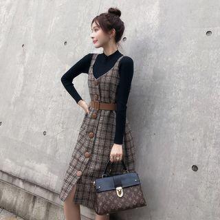 Long-sleeve Top / Plaid Overall Dress