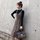 Long-sleeve Top / Plaid Overall Dress