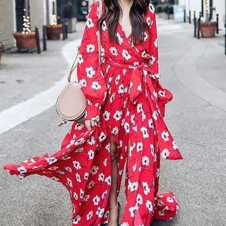 V-neck Long-sleeve Floral Print Slit Dress