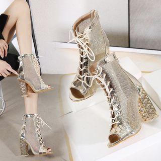 Lace Up Open Toe High-heel Ankle Boots
