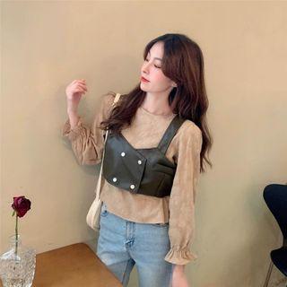 Long-sleeve Blouse / Faux Leather Vest
