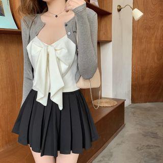 Bow Camisole Top / Pleated A-line Skirt / Cardigan