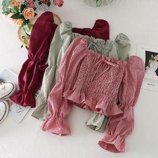 Square Neck Plaid Bow Puff-sleeve Blouse