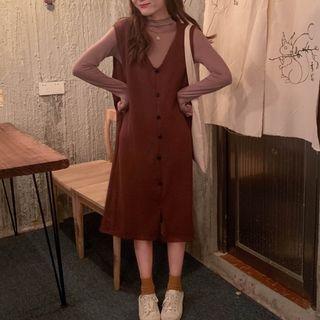 Mock-turtleneck Long-sleeve T-shirt / Knit Midi Pinafore Dress