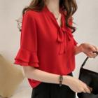 Short-sleeve Ribbon-neck Chiffon Blouse