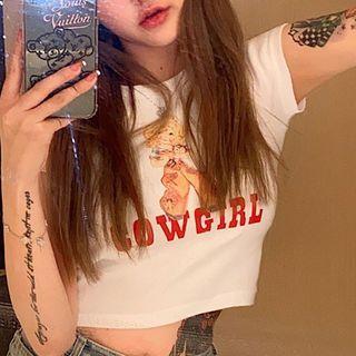 Lettering Cartoon Short-sleeve Cropped T-shirt