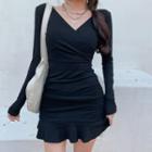 Long-sleeve Ruffle Hem Mini Sheath Dress Black - One Size