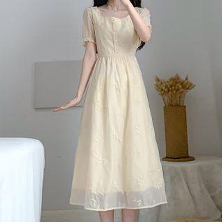 Short-sleeve Leaf Embroidered Midi A-line Dress