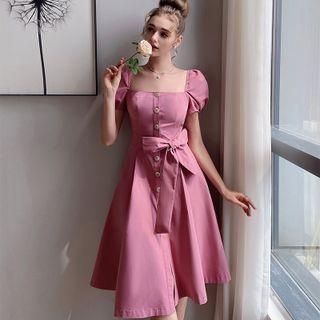Puff-sleeve Square-neck Plain Midi A-line Dress