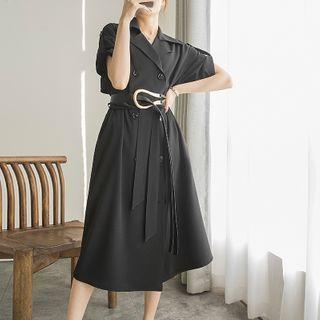 Short-sleeve Double Breasted Midi A-line Dress