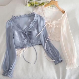 Ruffle Trim Tie-strap Cropped Blouse