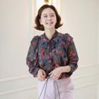 Tie-front Floral Print Blouse Charcoal Gray - One Size