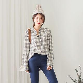 Mandarin-collar Plaid Shirt