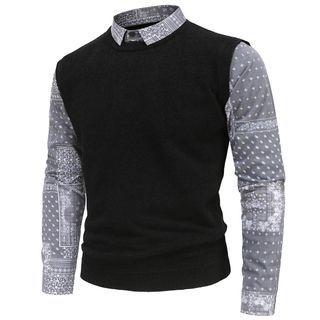 Mock Two-piece Knit Panel Print Shirt