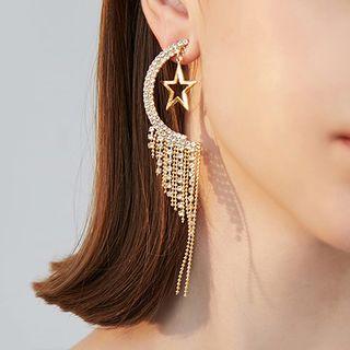 Rhinestone Star Fringed Earring 1 Pair - 925 Sterling Silver Pin - One Size