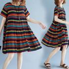 Short-sleeve Rainbow Striped A-line Dress Stripes - Multicolor - One Size
