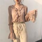 Set: Ruffle V-neck Bell-sleeve Chiffon Blouse + Camisole Top