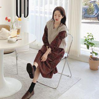 Plaid Long-sleeve A-line Midi Dress / Cable Knit Vest