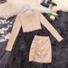 Set: Rhinestone Cropped Cardigan + Camisole + Ruched Mini Skirt