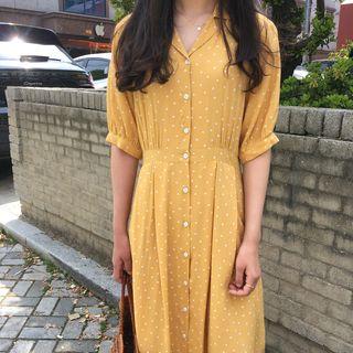 Dotted Elbow-sleeve Midi Shirtdress Yellow - One Size