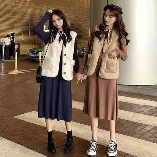 Long-sleeve Tie-neck Plain Dress / Plain Vest