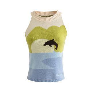 Print Knit Tank Top Beige & Green & Blue - One Size