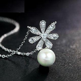 Rhinestone Flower Faux-pearl Necklace