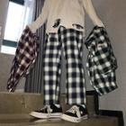Couple Matching Crane Embroidered Plaid Straight Cut Pants