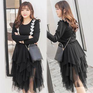 Set: Long-sleeve Lace Trim T-shirt + Sheer Panel Midi Skirt