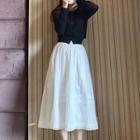 Plain Cardigan / Lace Trim A-line Midi Skirt / Set