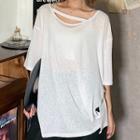 Elbow-sleeve Irregular Slit-hem T-shirt