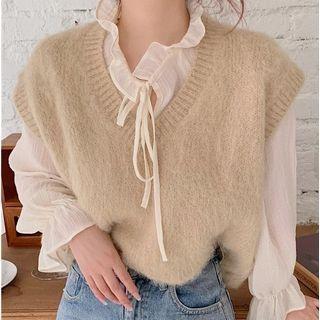 Tie-neck Blouse / Plain Sweater Vest