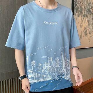 Short-sleeve Round Neck City Print T-shirt