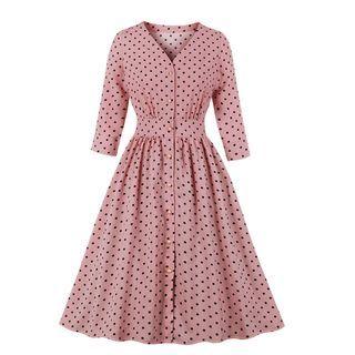 Elbow-sleeve Dot Print Button-up Midi Dress