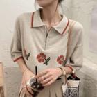 Rose Print Short-sleeve Top Gray Beige - One Size