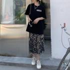 Short-sleeve Lettering T-shirt / Sequined Midi A-line Skirt