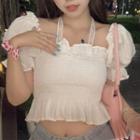 Short-sleeve Shirred Frill Trim Top White - One Size