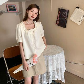 Elbow-sleeve Square Neck Ruffled Blouse