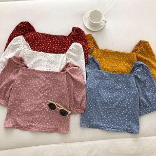 Puff-sleeve Square-neck Floral Blouse